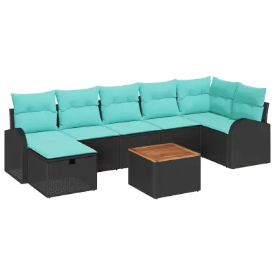 vidaXL Vrtna sedežna garnitura z blazino 8 pcs Črna Poly ratan