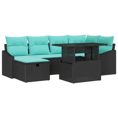 vidaXL Vrtna sedežna garnitura z blazino 7 pcs Črna Poly ratan