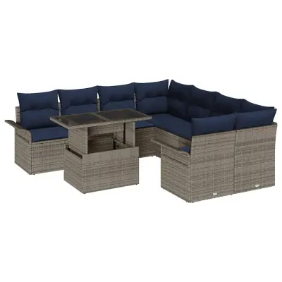 vidaXL Vrtna sedežna garnitura z blazino 9 pcs Siva Poly ratan
