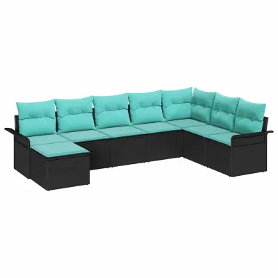 vidaXL Vrtna sedežna garnitura z blazino 8 pcs Črna Poly ratan