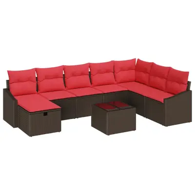 vidaXL Vrtna sedežna garnitura z blazino 9 pcs Rjava Poly ratan