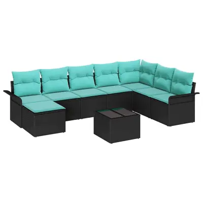 vidaXL Vrtna sedežna garnitura z blazino 9 pcs Črna Poly ratan