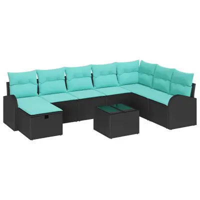vidaXL Vrtna sedežna garnitura z blazino 9 pcs Črna Poly ratan