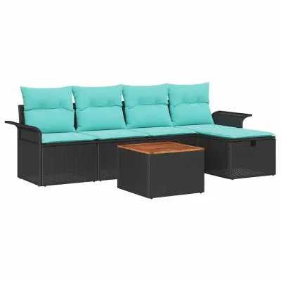 vidaXL Vrtna sedežna garnitura z blazino 6 pcs Črna Poly ratan