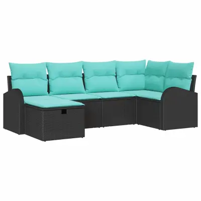 vidaXL Vrtna sedežna garnitura z blazino 6 pcs Črna poli ratan
