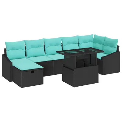 vidaXL Vrtna sedežna garnitura z blazino 8 pcs Črna Poly ratan