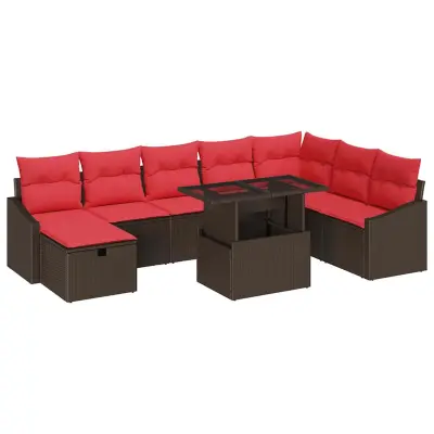 vidaXL Vrtna sedežna garnitura z blazino 9 pcs Rjava Poly ratan