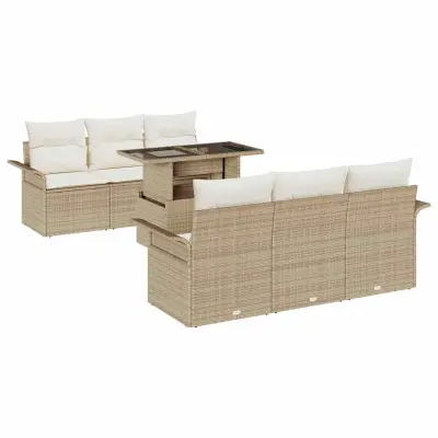 vidaXL Vrtna sedežna garnitura z blazino 7 pcs Bež Poly ratan