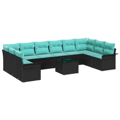 vidaXL Vrtna sedežna garnitura z blazino 11 pcs Črna Poly ratan