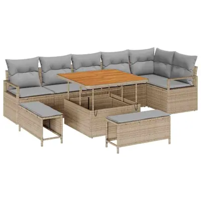 vidaXL Vrtna sedežna garnitura z blazino 9 pcs Bež Poly ratan