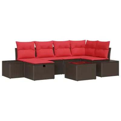vidaXL Vrtna sedežna garnitura z blazino 7 pcs Rjava poli ratan
