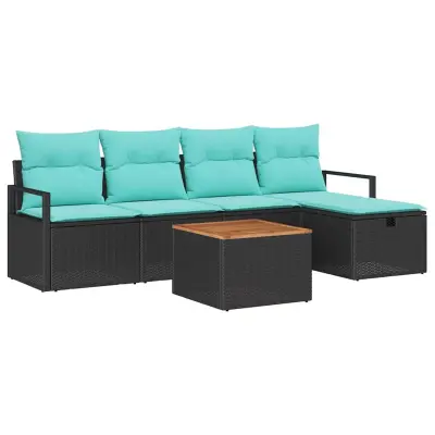 vidaXL Vrtna sedežna garnitura z blazino 6 pcs Črna poli ratan