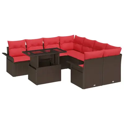 vidaXL Vrtna sedežna garnitura z blazino 9 pcs Rjava Poly ratan