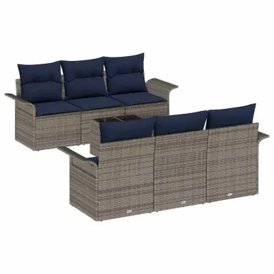 vidaXL Vrtna sedežna garnitura z blazino 7 pcs Siva poli ratan