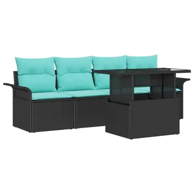 vidaXL Vrtna sedežna garnitura z blazino 5 pcs Črna Poly ratan
