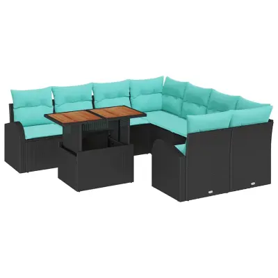 vidaXL Vrtna sedežna garnitura s shranjevanjem 9 pcs Črna Poly ratan