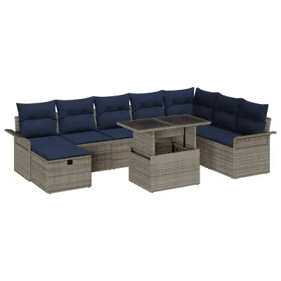 vidaXL Vrtna sedežna garnitura z blazino 9 pcs Siva Poly ratan