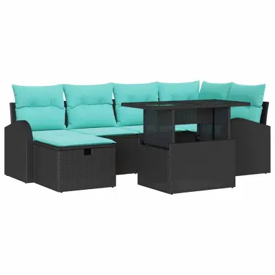 vidaXL Vrtna sedežna garnitura z blazino 7 pcs Črna Poly ratan