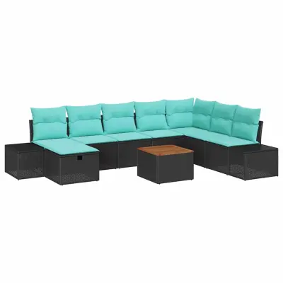 vidaXL Vrtna sedežna garnitura z blazino 9 pcs Črna Poly ratan