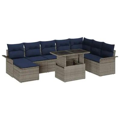 vidaXL Vrtna sedežna garnitura z blazino 9 pcs Siva poli ratan