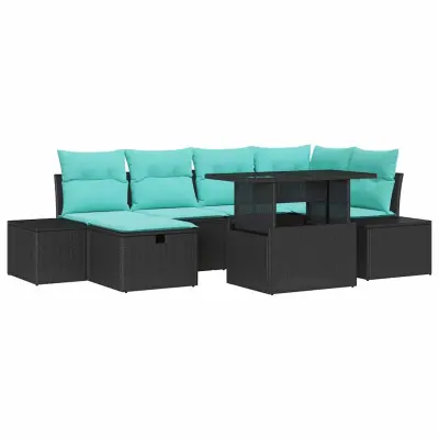 vidaXL Vrtna sedežna garnitura z blazino 7 pcs Črna poli ratan