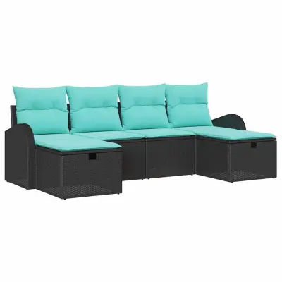 vidaXL Vrtna sedežna garnitura z blazino 6 pcs Črna poli ratan