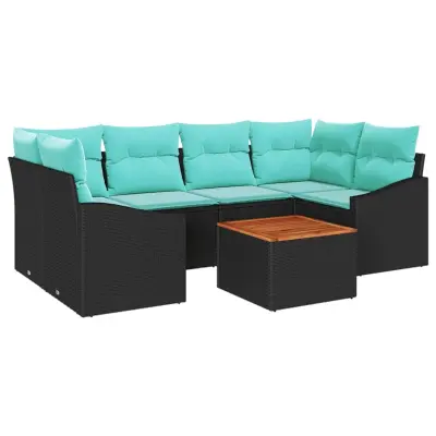 vidaXL Vrtna sedežna garnitura z blazino 7 pcs Črna poli ratan