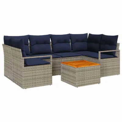 vidaXL Vrtna sedežna garnitura z blazino 7 pcs Siva poli ratan