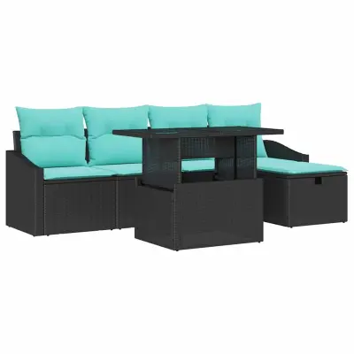 vidaXL Vrtna sedežna garnitura z blazino 6 pcs Črna Poly ratan