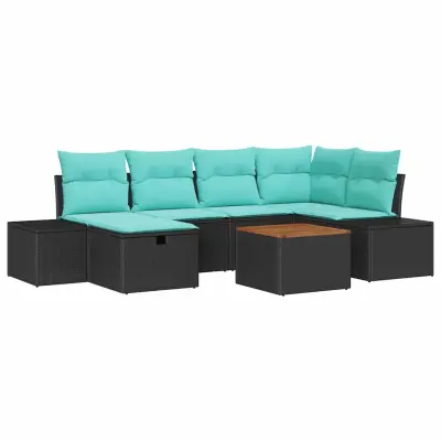 vidaXL Vrtna sedežna garnitura z blazino 7 pcs Črna Poly ratan