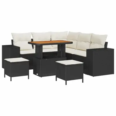 vidaXL Vrtna sedežna garnitura z blazino 8 pcs Črna poli ratan