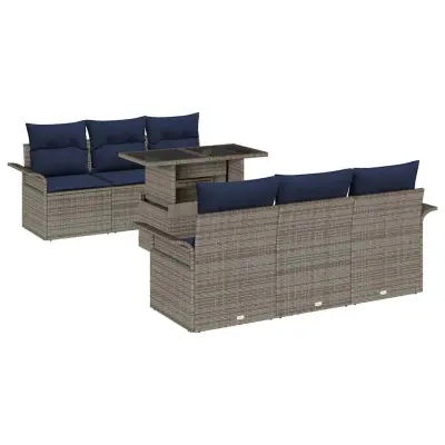 vidaXL Vrtna sedežna garnitura z blazino 7 pcs Siva poli ratan