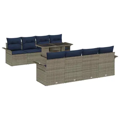 vidaXL Vrtna sedežna garnitura z blazino 9 pcs Siva Poly ratan