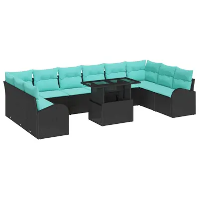 vidaXL Vrtna sedežna garnitura z blazino 11 pcs Črna Poly ratan