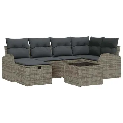 vidaXL Vrtna sedežna garnitura z blazino 7 pcs Siva Poly ratan