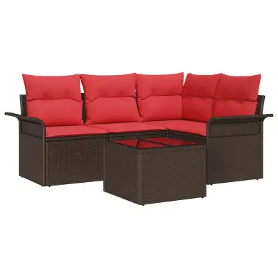 vidaXL Vrtna sedežna garnitura z blazino 5 pcs Rjava poli ratan