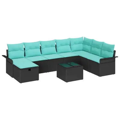 vidaXL Vrtna sedežna garnitura z blazino 9 pcs Črna Poly ratan