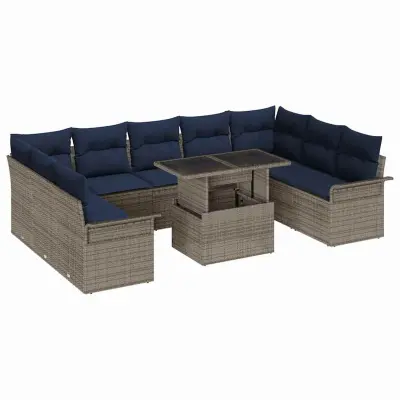 vidaXL Vrtna sedežna garnitura z blazino 10 pcs Siva Poly ratan