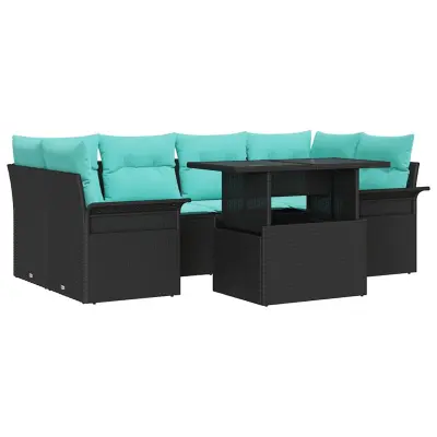 vidaXL Vrtna sedežna garnitura z blazino 7 pcs Črna Poly ratan