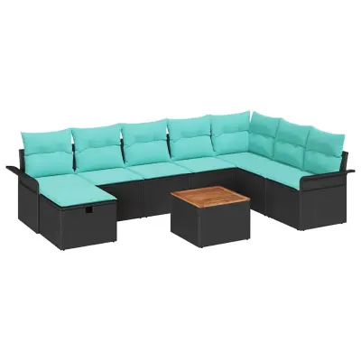 vidaXL Vrtna sedežna garnitura z blazino 9 pcs Črna Poly ratan