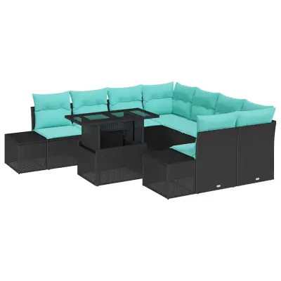 vidaXL Vrtna sedežna garnitura z blazino 9 pcs Črna poli ratan