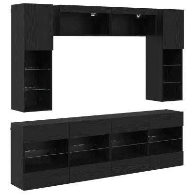 vidaXL Set omare za televizijo na steni z LED 6 pcs Črni Hrast