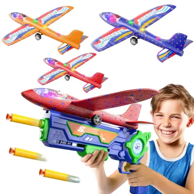 Izstreljevalec letal za otroke, pištola s 3 penastimi LED letali in 10 mehkimi puščicami, svetlobni učinki, modro-rdeča barva