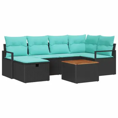 vidaXL Vrtna sedežna garnitura z blazino 7 pcs Črna poli ratan