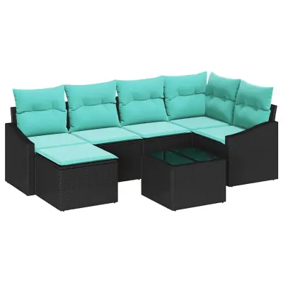 vidaXL Kavčna garnitura z blazino 7 pcs Črna poli ratan