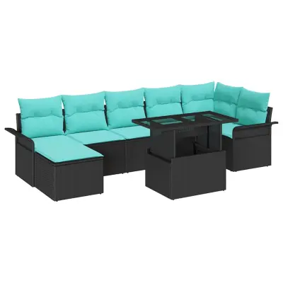 vidaXL Vrtna sedežna garnitura z blazino 8 pcs Črna poli ratan