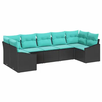 vidaXL Kavčna garnitura z blazino 7 pcs Črna poli ratan