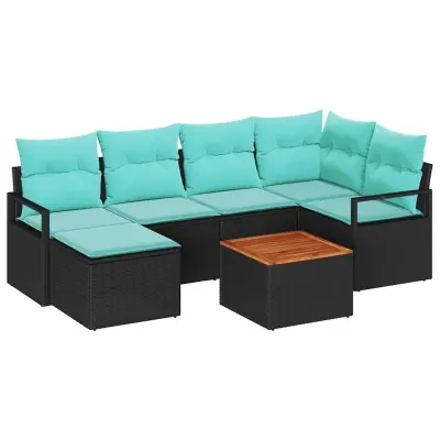 vidaXL Vrtna sedežna garnitura z blazino 7 pcs Črna poli ratan