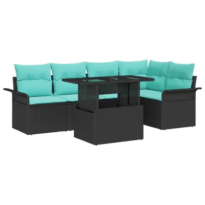 vidaXL Vrtna sedežna garnitura z blazino 6 pcs Črna Poly ratan