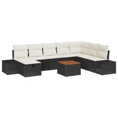 vidaXL Vrtna sedežna garnitura z blazino 9 pcs Črna poli ratan